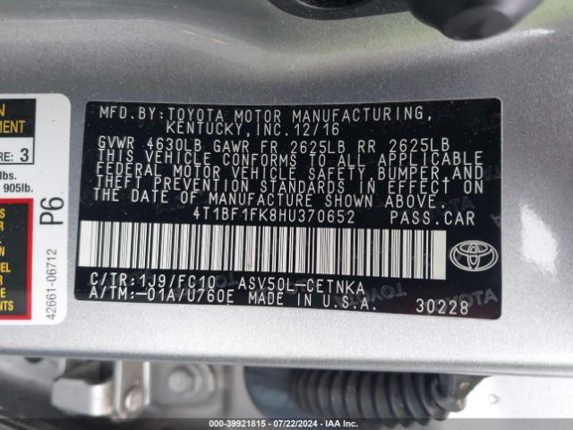 4T1BF1FK8HU370652 Toyota CAMRY LE