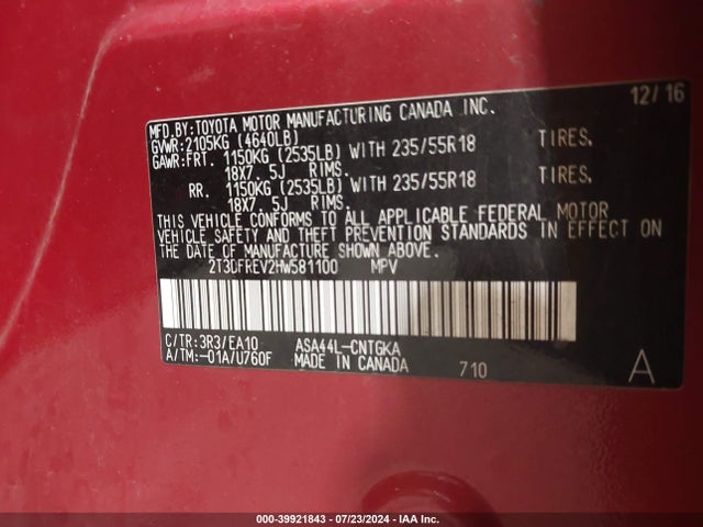 Toyota Rav4 Limited 2017 2T3DFREV2HW581100 Image 9