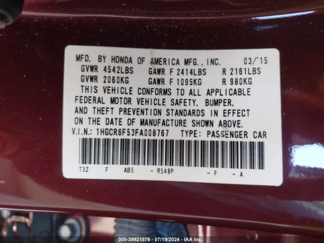 1HGCR6F53FA008767 Honda Accord Hybrid Ex-l