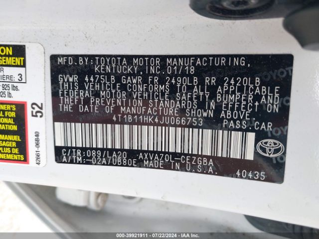 4T1B11HK4JU066753 Toyota CAMRY XLE