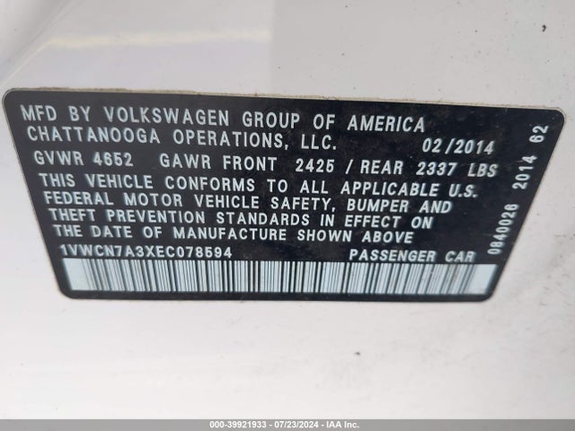 1VWCN7A3XEC078594 Volkswagen Passat 2.0l Tdi Sel Premium