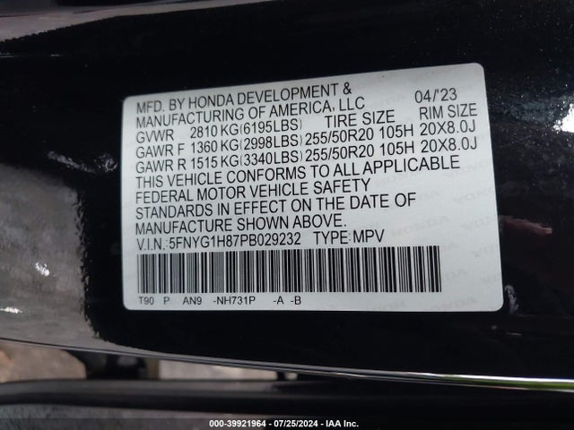 Honda Pilot Awd Elite 2023 5FNYG1H87PB029232 Image 9