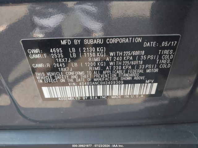 4S4BSANC0H3409309 Subaru Outback 2.5i Limited