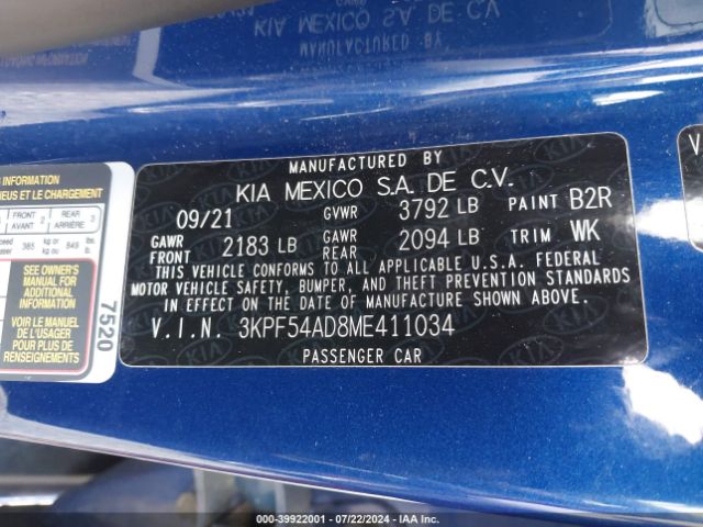 3KPF54AD8ME411034 KIA FORTE EX