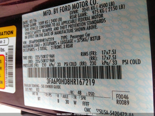 Ford FUSION SE 2017 3FA6P0HD8HR167219 Image 9