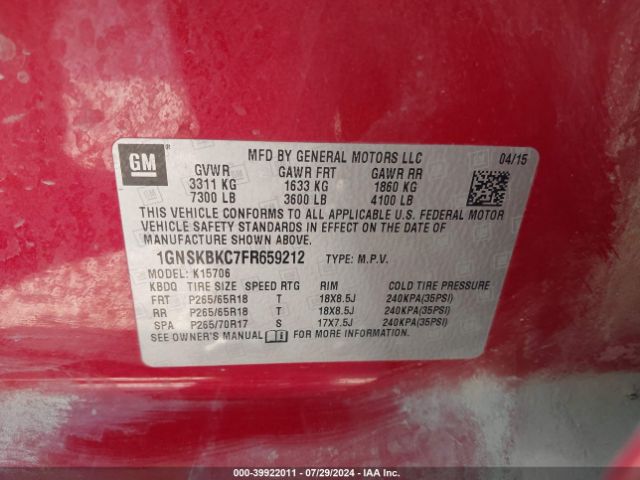 1GNSKBKC7FR659212 Chevrolet Tahoe Lt