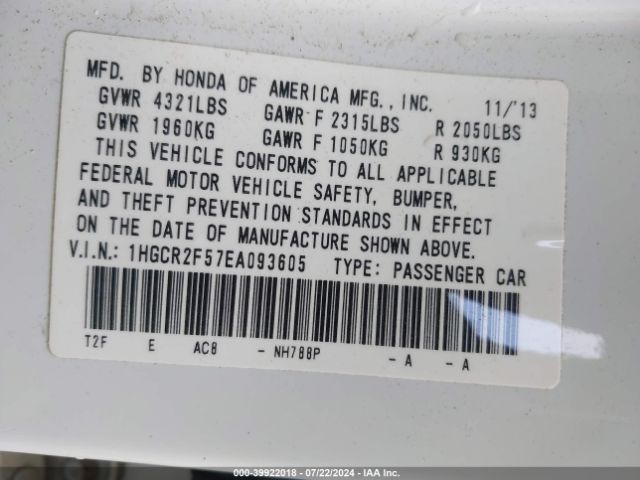 1HGCR2F57EA093605 Honda Accord Sport
