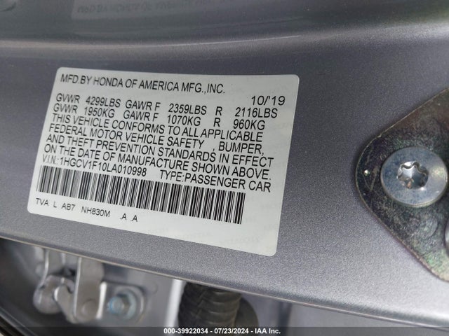 Honda ACCORD LX 2020 1HGCV1F10LA010998 Image 9