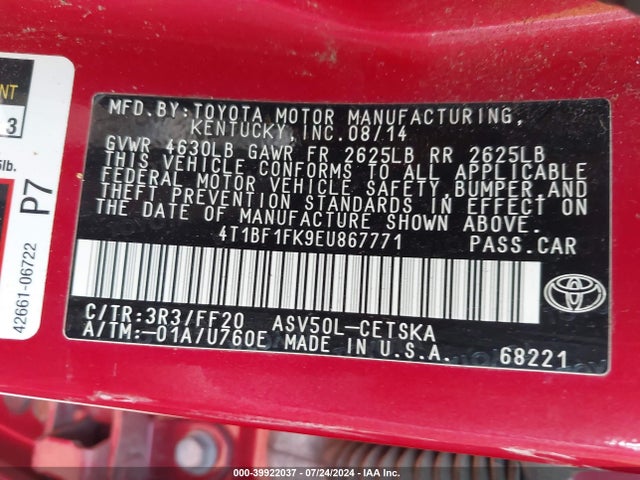 Toyota CAMRY SE 2014 4T1BF1FK9EU867771 Image 9