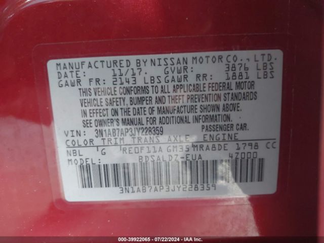 3N1AB7AP3JY228359 Nissan SENTRA SV