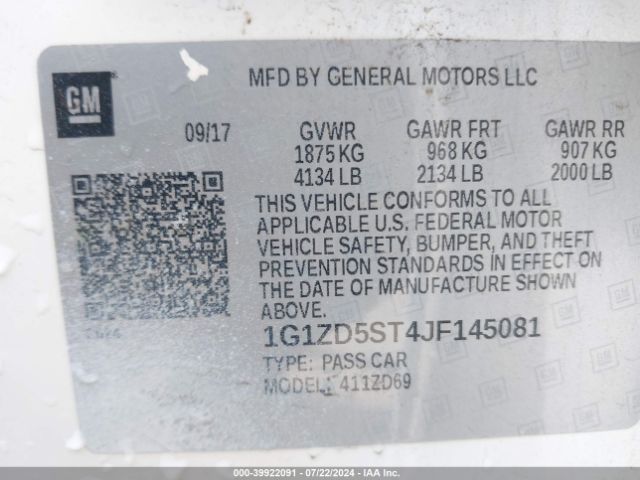 Chevrolet MALIBU LT 2018 1G1ZD5ST4JF145081 Image 9
