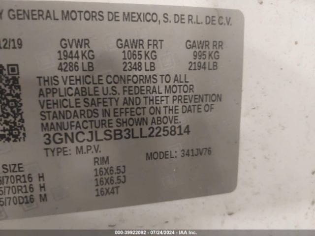 3GNCJLSB3LL225814 Chevrolet Trax Fwd Lt