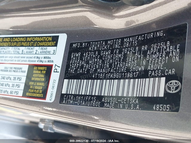 Toyota CAMRY SE 2016 4T1BF1FK9GU118617 Image 9