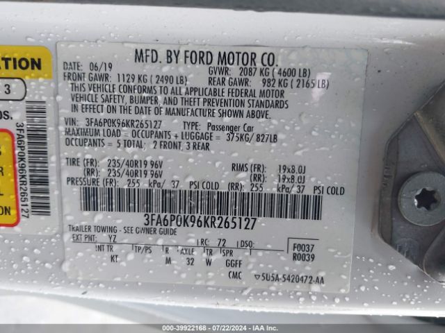 3FA6P0K96KR265127 Ford Fusion Titanium