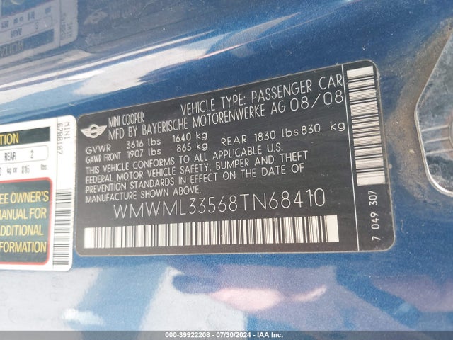 2008 MINI COOPER CLUBMAN WMWML33568TN68410 Photo 8
