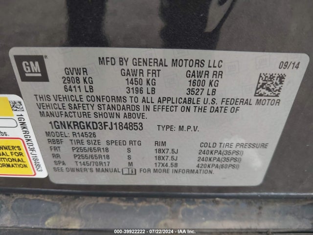 Chevrolet Traverse 1lt 2015 1GNKRGKD3FJ184853 Image 9