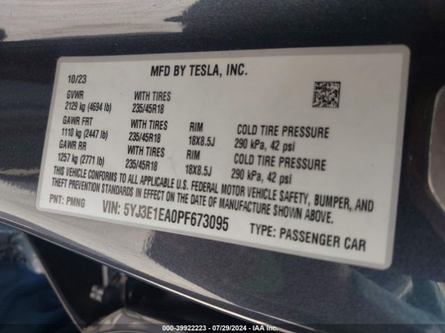 5YJ3E1EA0PF673095 Tesla Model 3 Rear-wheel Drive
