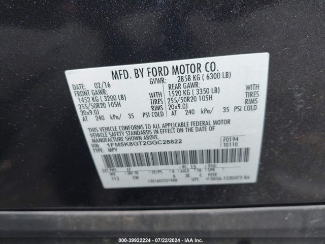 Ford EXPLORER SPORT 2016 1FM5K8GT2GGC28822 Image 9
