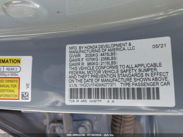1HGCV1F40MA077371 Honda Accord Sport Special Edition