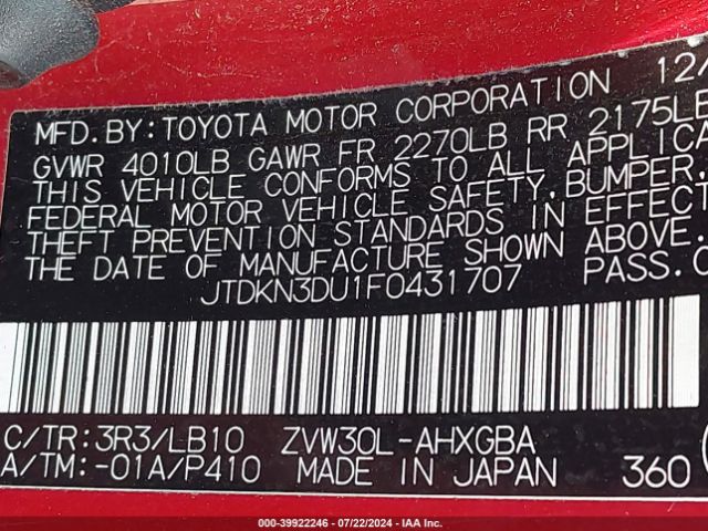 JTDKN3DU1F0431707 Toyota Prius Four