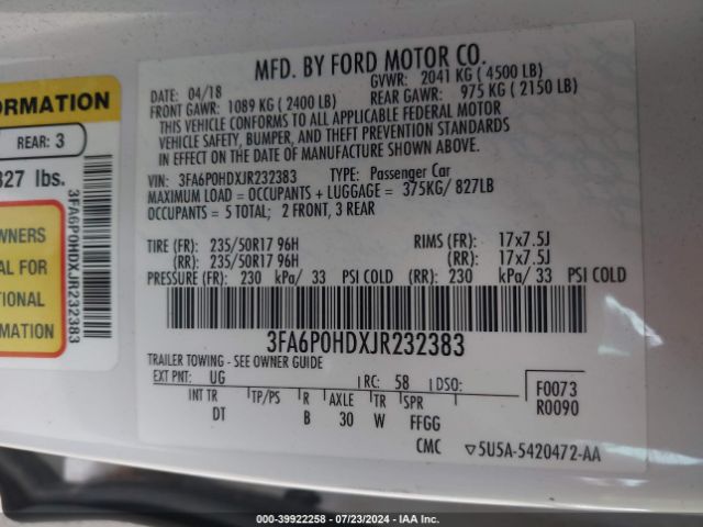 3FA6P0HDXJR232383 Ford FUSION SE