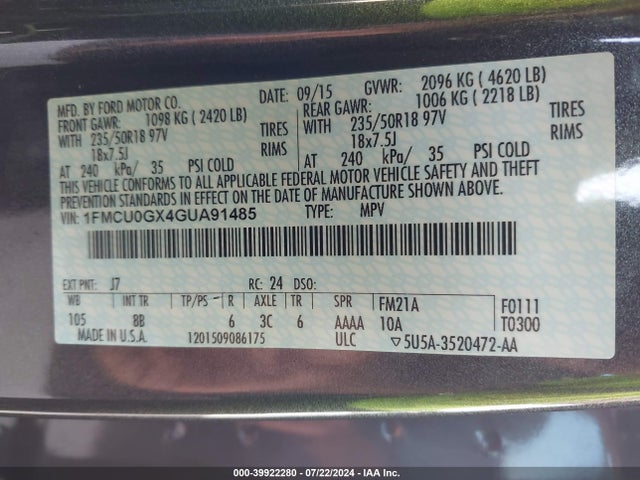 Ford ESCAPE SE 2016 1FMCU0GX4GUA91485 Image 9