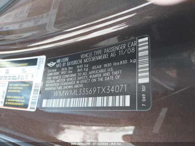 2009 MINI COOPER WMWML33569TX34071 Photo 8
