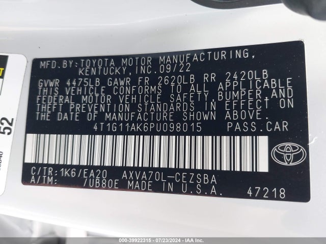 4T1G11AK6PU098015 Toyota CAMRY SE