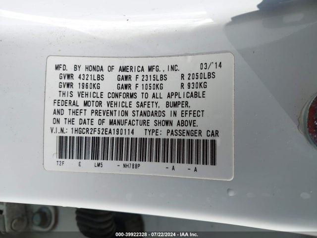 1HGCR2F52EA190114 Honda Accord Sport