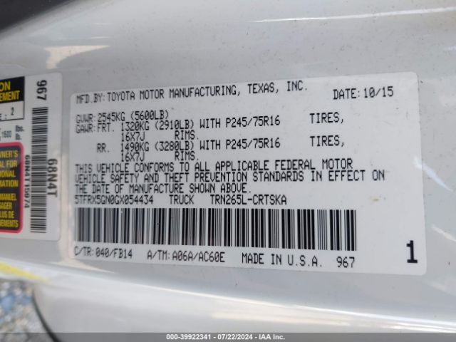 5TFRX5GN0GX054434 Toyota Tacoma Sr