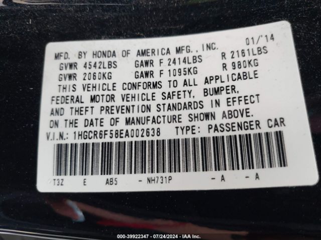 1HGCR6F58EA002638 Honda Accord Hybrid Ex-l