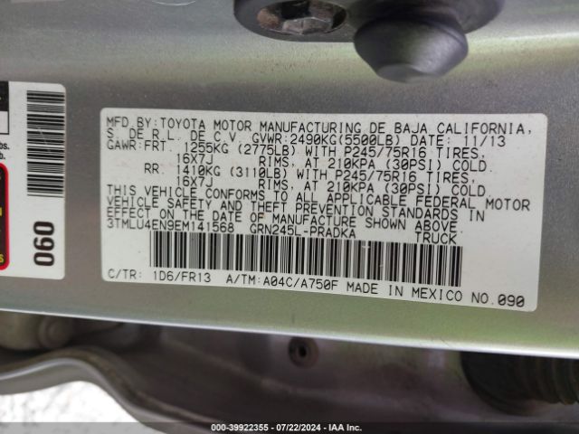 3TMLU4EN9EM141568 Toyota Tacoma Base V6