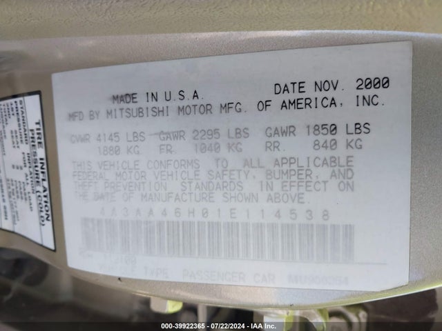 2001 MITSUBISHI GALANT 4A3AA46H01E114538 Photo 8