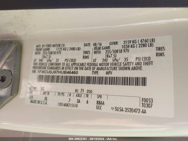 Ford Escape Titanium 2017 1FMCU0J97HUB46460 Image 9