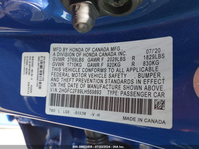 Honda Civic Sport 2020 2HGFC2F89LH569893 Image 9