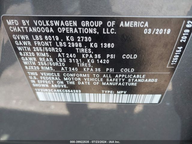 1V2UR2CA6KC554263 Volkswagen Atlas 3.6l V6 Se W/technology