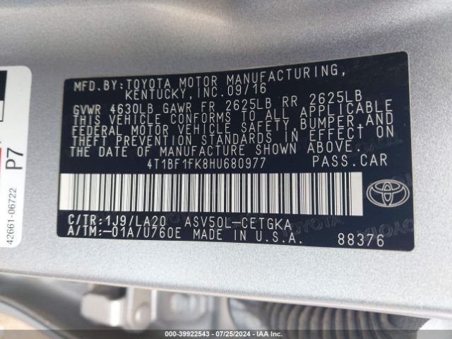 4T1BF1FK8HU680977 Toyota CAMRY XLE