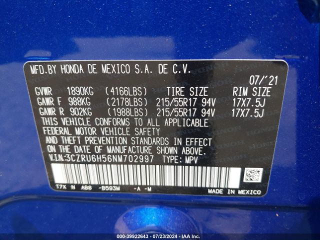 3CZRU6H56NM702997 Honda Hr-v Awd Ex