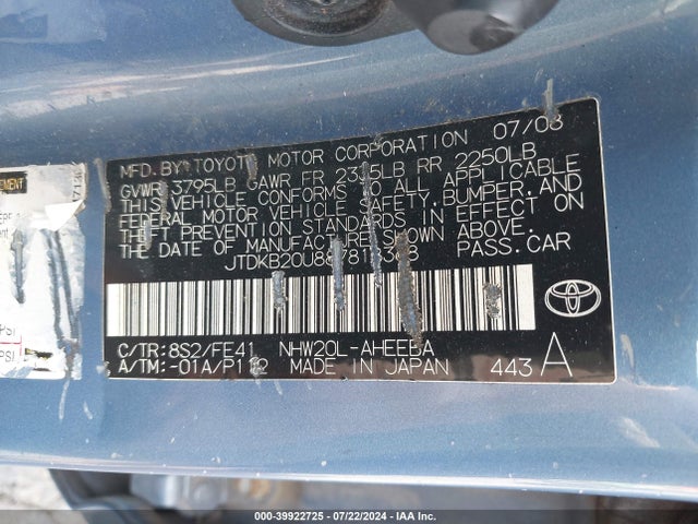 2008 Toyota Prius მანქანა იყიდება აუქციონზე, vin: JTDKB20U887818368, აუქციონის ნომერი: 39922725