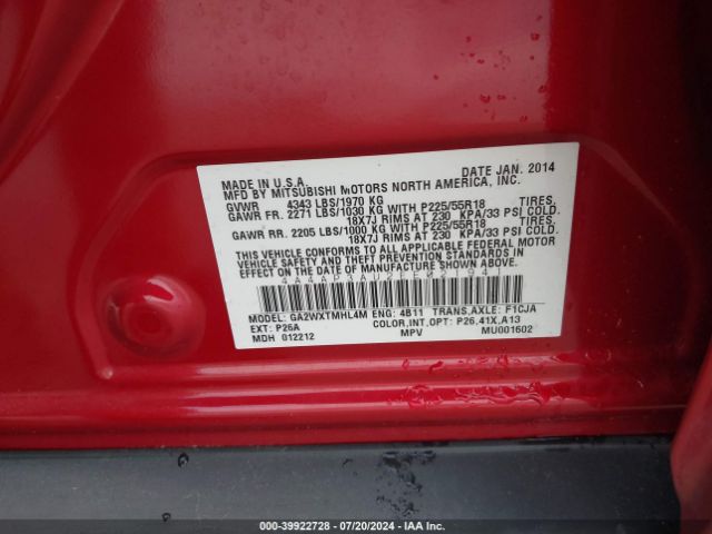 4A4AP3AU2EE021941 Mitsubishi Outlander Sport Es