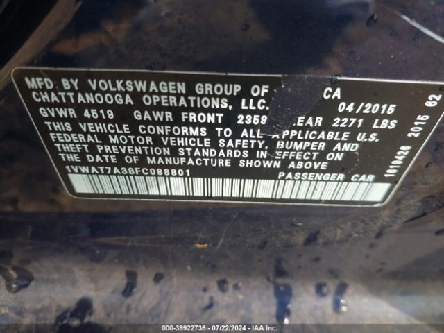1VWAT7A38FC088801 Volkswagen Passat 1.8t Wolfsburg Edition