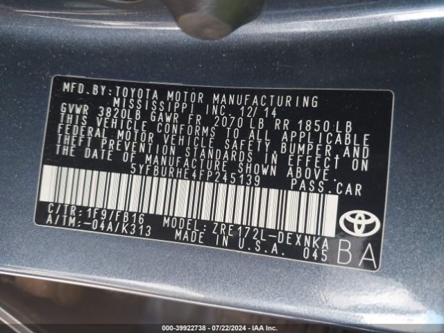 5YFBURHE4FP245139 Toyota 2zr-fe