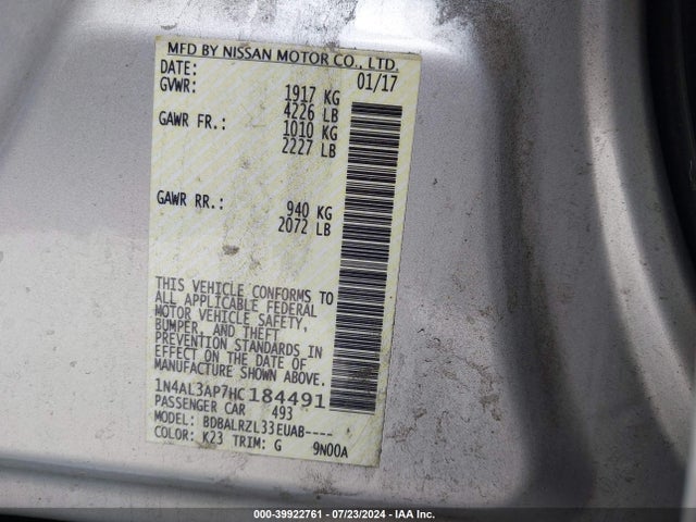 Nissan Altima 2.5 Sl 2017 1N4AL3AP7HC184491 Image 9