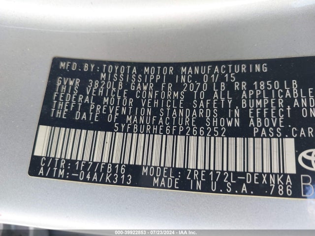 Toyota COROLLA LE 2015 5YFBURHE6FP266252 Image 9