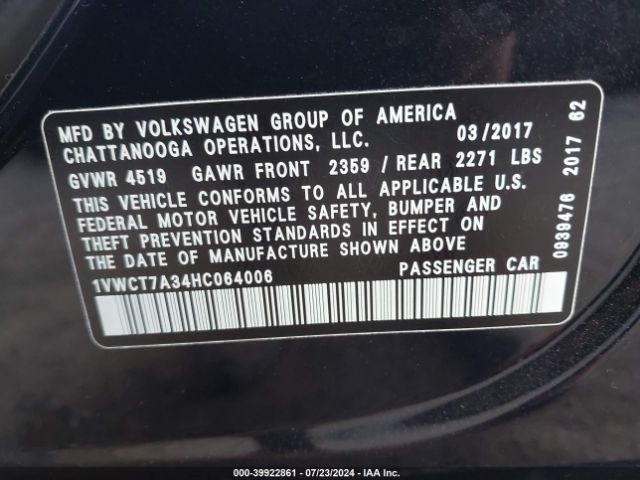 1VWCT7A34HC064006 Volkswagen Passat 1.8t Sel Premium