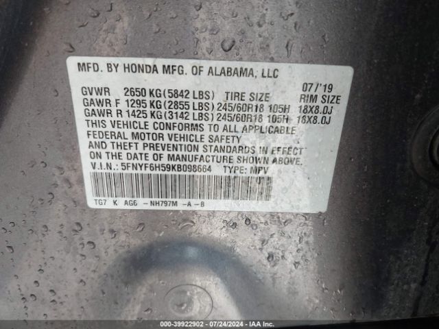 5FNYF6H59KB098664 Honda Pilot Ex-l