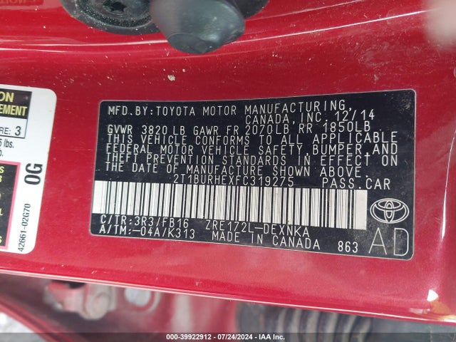 Toyota COROLLA LE 2015 2T1BURHEXFC319275 Image 9