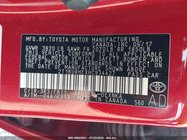 Toyota COROLLA LE 2017 2T1BURHEXHC934427 Image 9