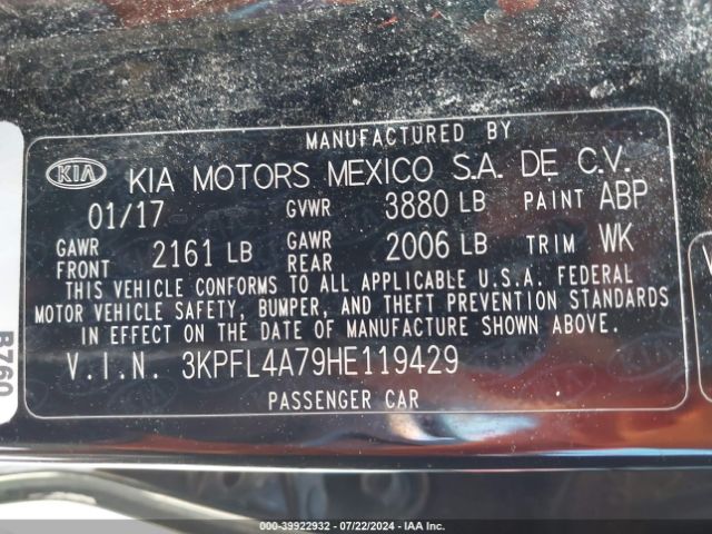 3KPFL4A79HE119429 KIA FORTE LX