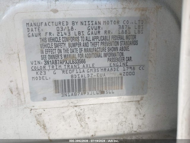 Nissan SENTRA SV 2018 3N1AB7APXJL633566 Image 9